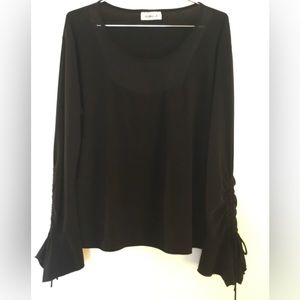 Clara S Black Top With Drawstring Sleeves and Sheer Neck.  SZ 12